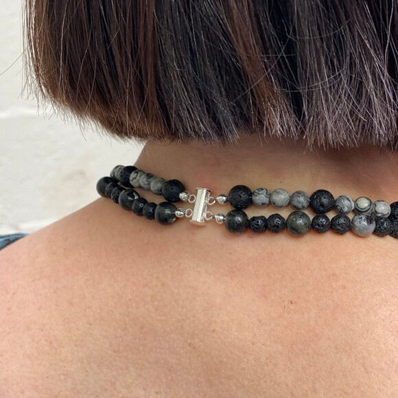 Two-strand natural stone & sterling silver beaded necklace (black/grey) - Picture 5 of 9